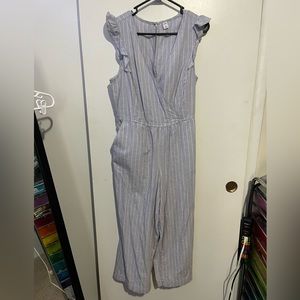 Blue and white pinstripe ruffled jumpsuit